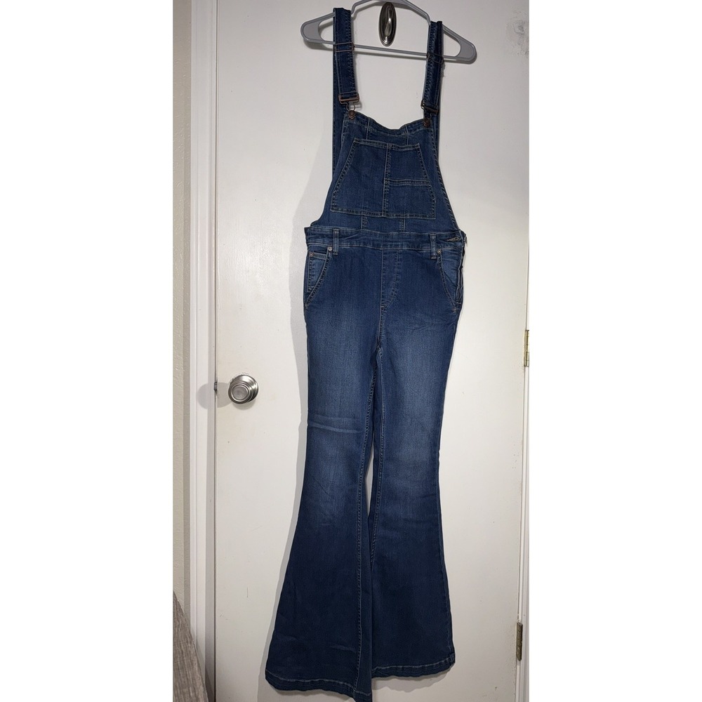 Free People Women's Mid Rise Denim Overalls Size 29 Flare Leg